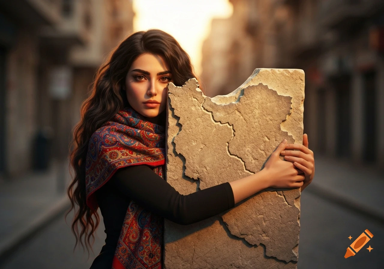 Photorealistic portrait of a young Persian woman in a colorful shawl, hugging a stone tablet shaped like Iran's map.