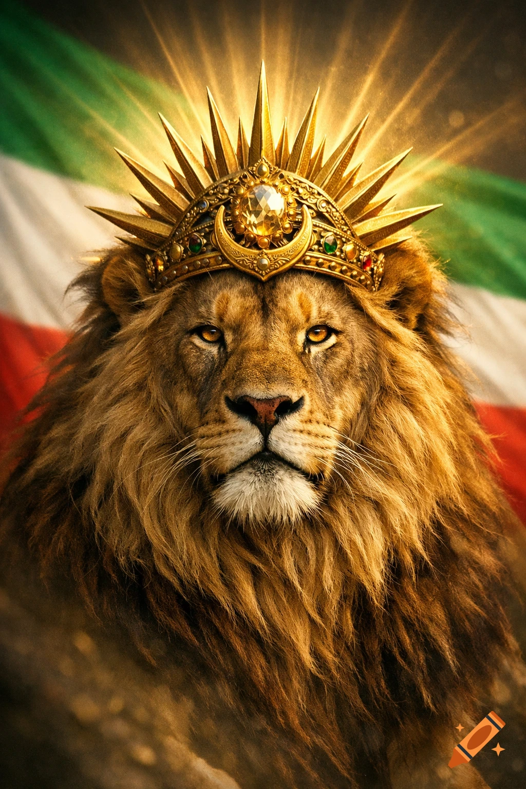 Photorealistic image of a majestic lion wearing a golden crown, with the Iranian flag in the background.