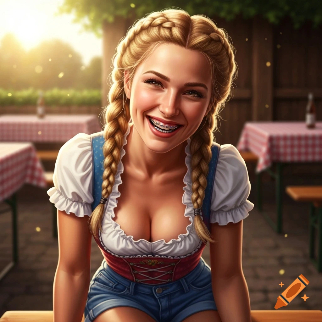 A smiling young woman with braided blonde hair wears a dirndl-style top, denim shorts, and braces in an outdoor setting.