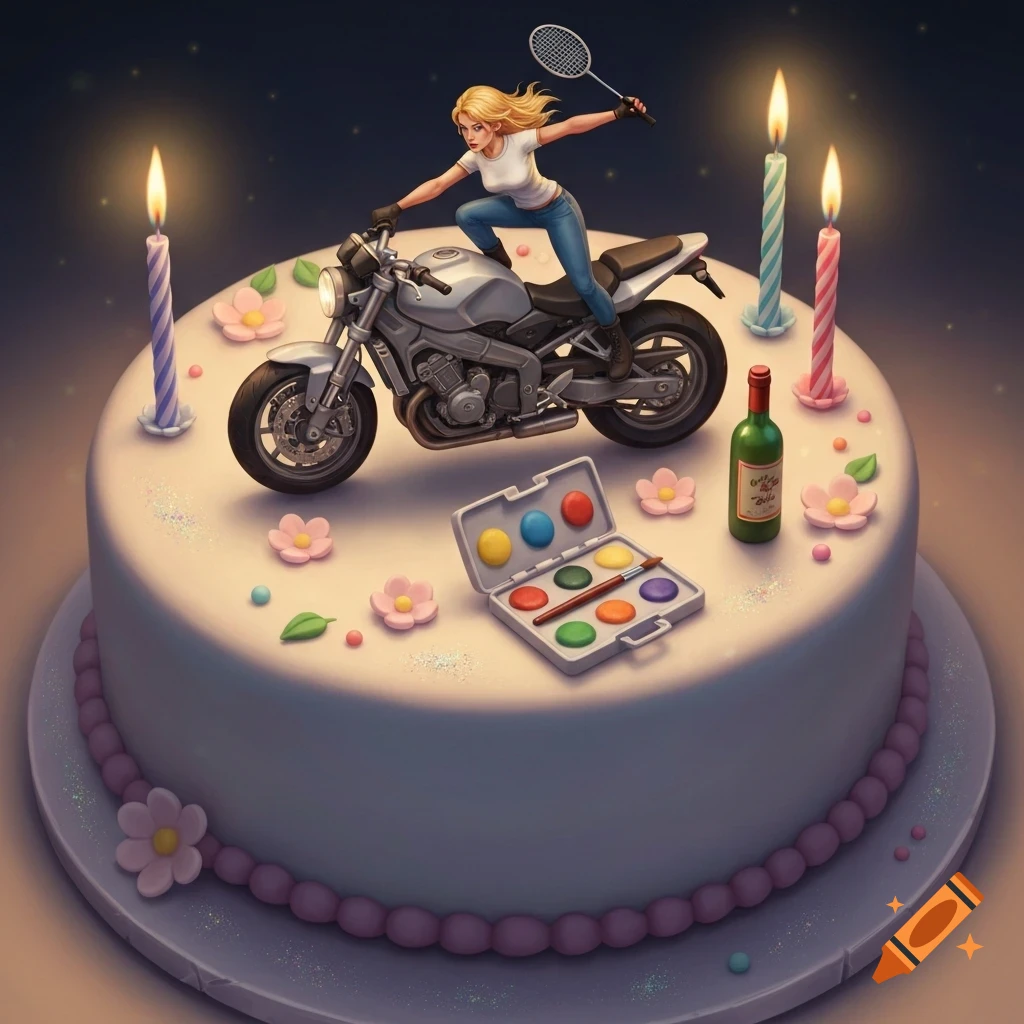 A vibrant illustration of a blonde biker woman with a badminton racket on a motorcycle, riding on a birthday cake decorated with candles, a paint palette, and a wine bottle.