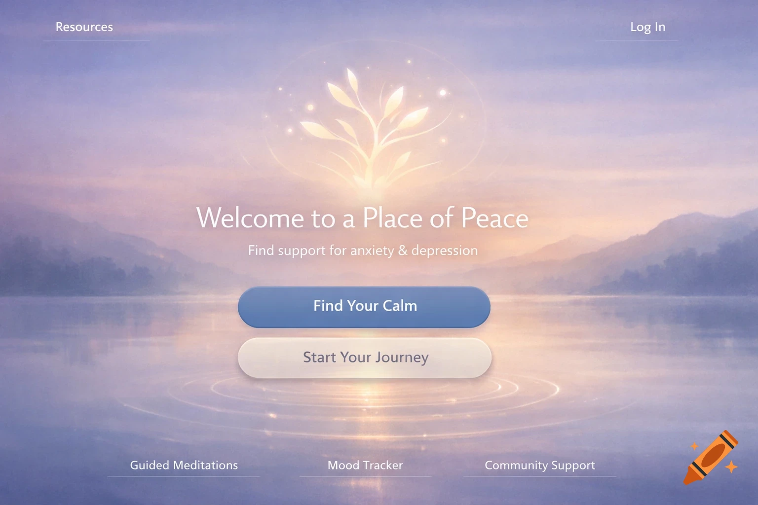 A serene app landing page titled 'Welcome to a Place of Peace' with buttons 'Find Your Calm' and 'Start Your Journey', featuring a glowing plant icon and a calm lake background.