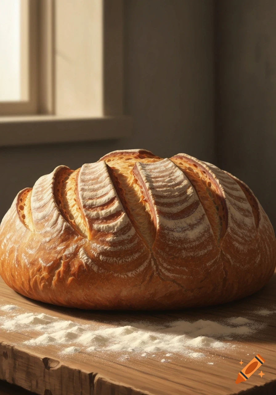 A photorealistic loaf of Krustenbrot, a crusty bread, on a wooden table with scattered flour, illuminated by natural light from a window.