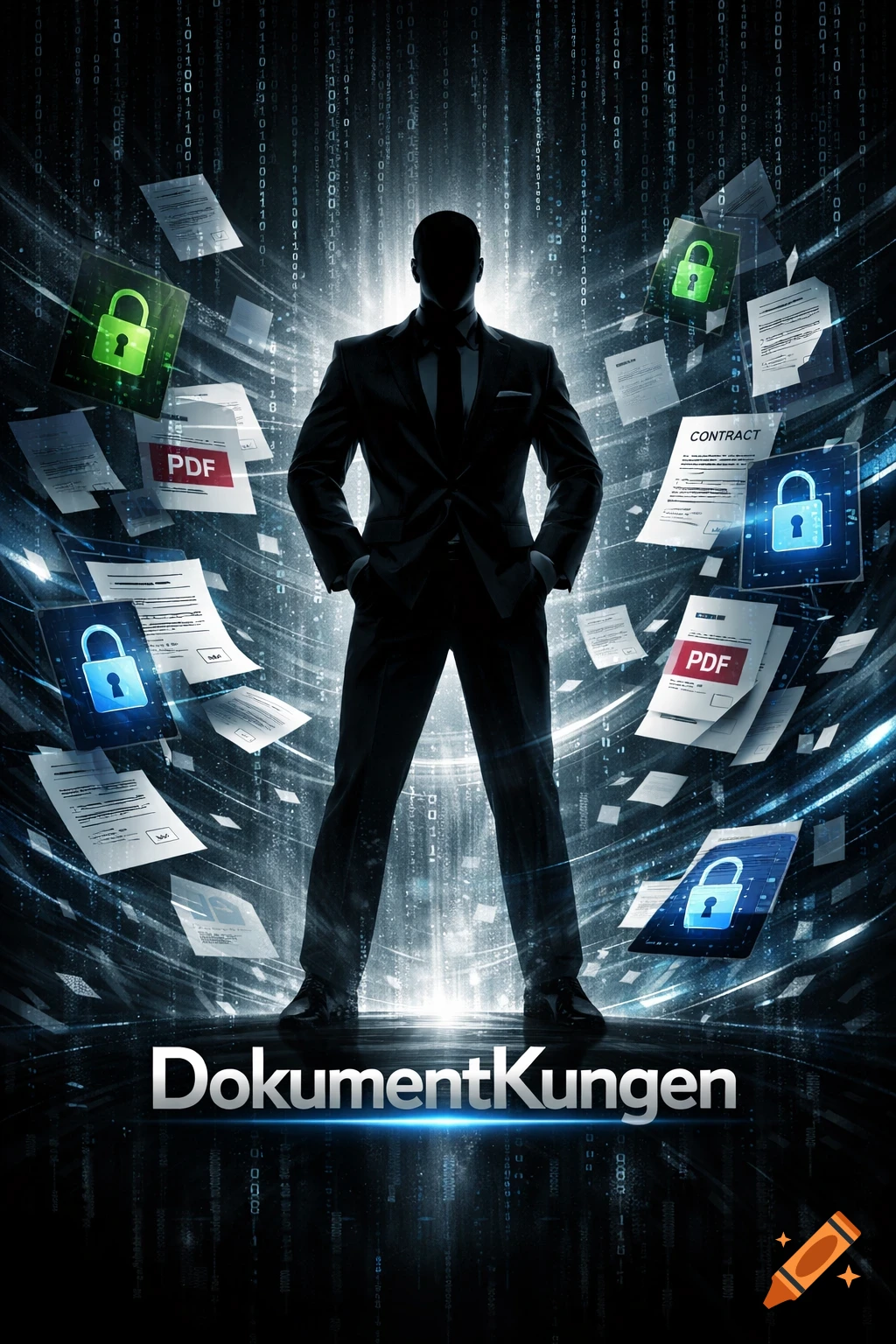 A man's silhouette in a suit stands amid floating encrypted documents and glowing digital locks, with binary code in the background. Text: DokumentKungen.