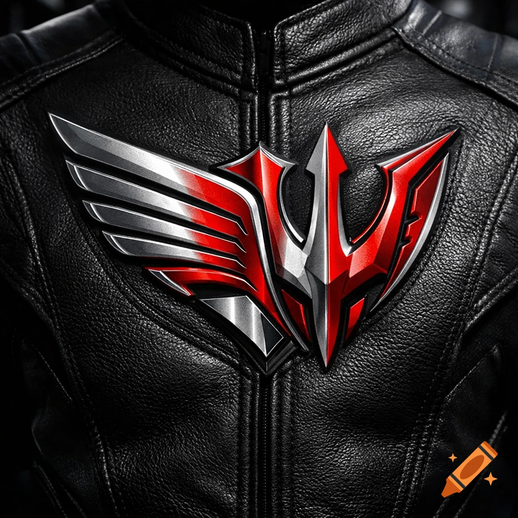 Close-up of a silver and red stylized winged trident logo on a black textured leather jacket.