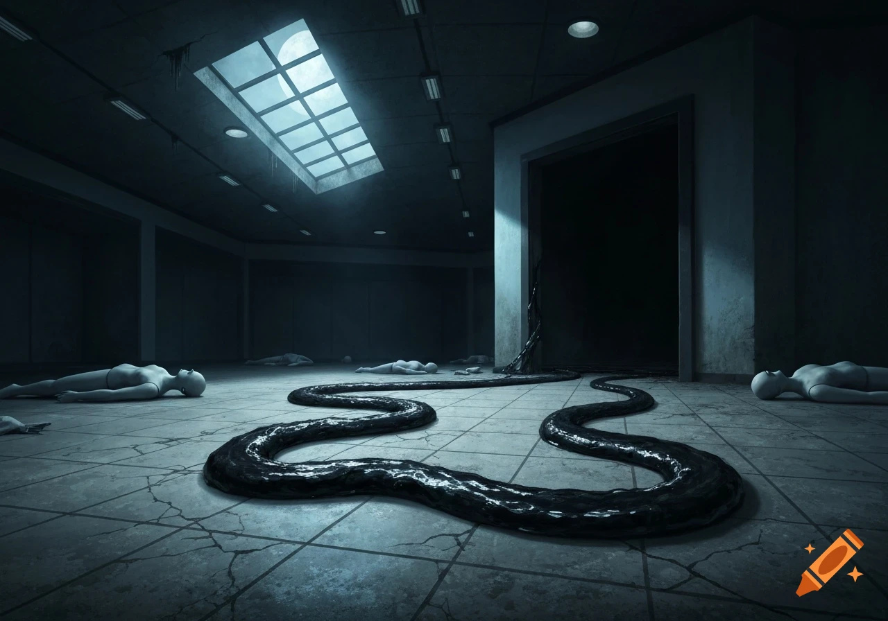Dark, abandoned room with pale mannequin figures on a tiled floor. A glossy black goo trail leads from a doorway towards a moonlit skylight.