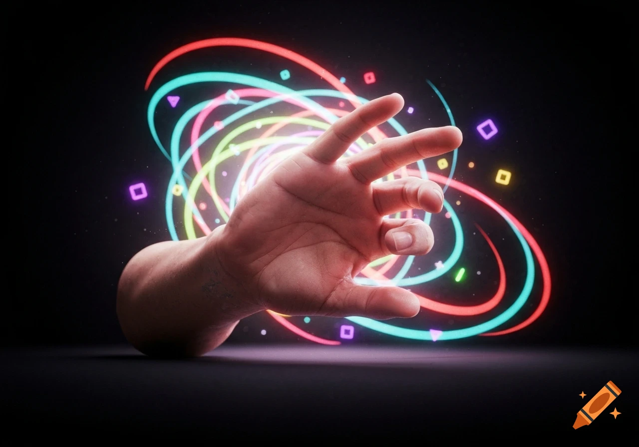 A human hand reaching out, surrounded by swirling neon light rings and abstract geometric shapes against a dark background.