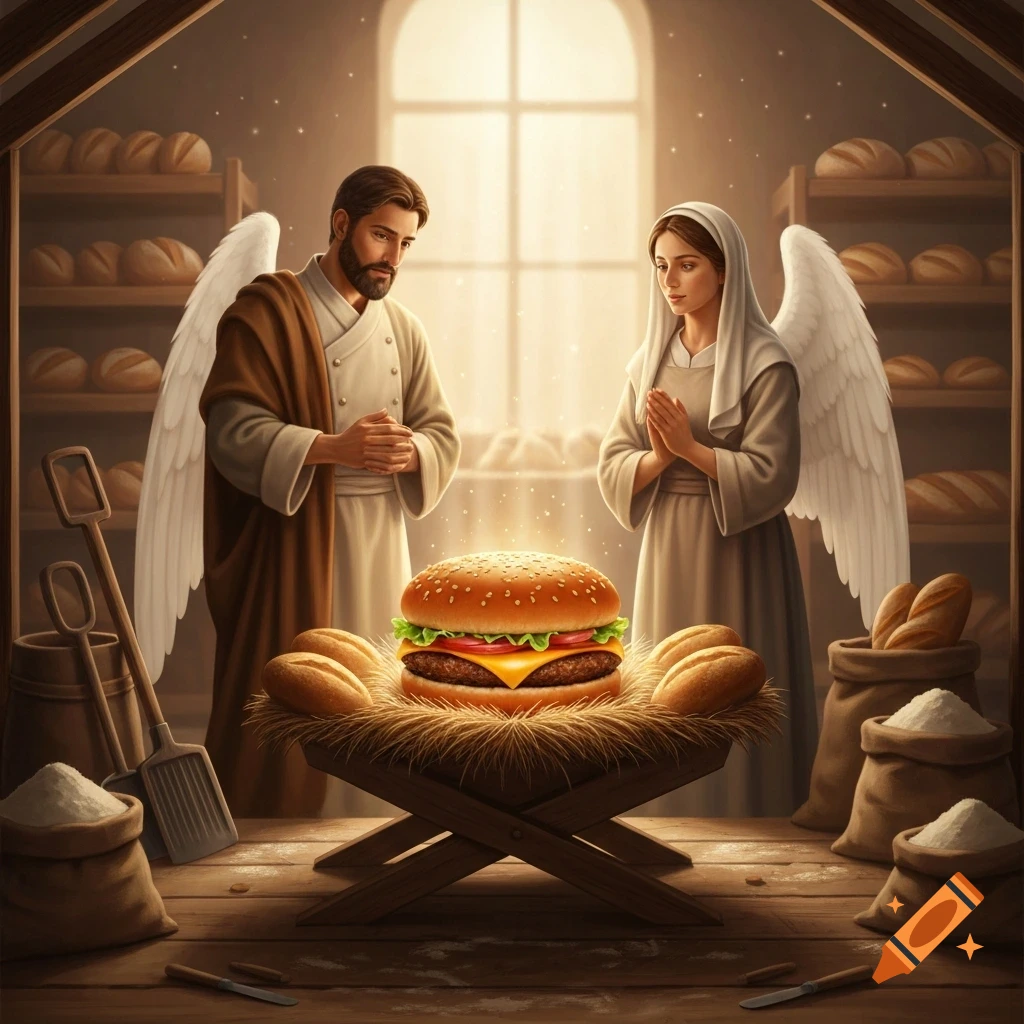 Angelic figures in a bakery gaze reverently at a glowing hamburger in a manger, surrounded by bread.