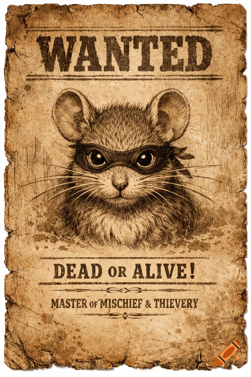 Vintage sepia-toned wanted poster featuring a cartoon-style mouse wearing a black eye mask, with text "WANTED DEAD OR ALIVE! MASTER of MISCHIEF & THIEVERY".