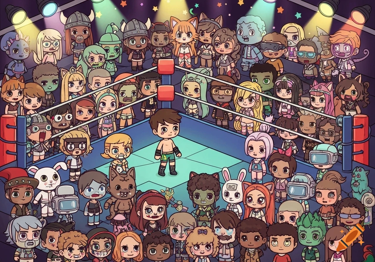 A cartoon wrestling arena with a lone boy in a green and black wrestling costume in the ring, surrounded by a massive, diverse crowd of cute, chibi-style characters including humans, animals, monsters, and fantasy creatures.