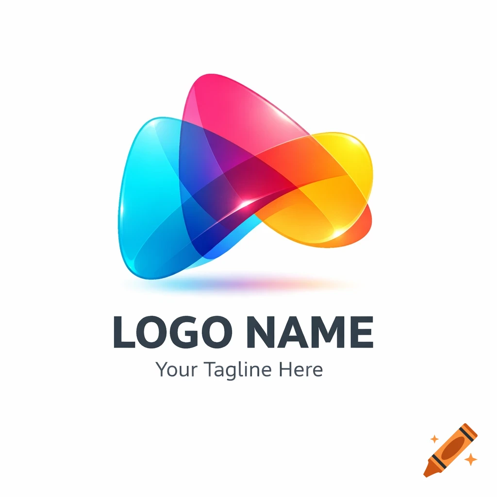 A vibrant, glossy abstract logo with overlapping blue, pink, orange, and yellow shapes, and placeholder text "LOGO NAME" and "Your Tagline Here".