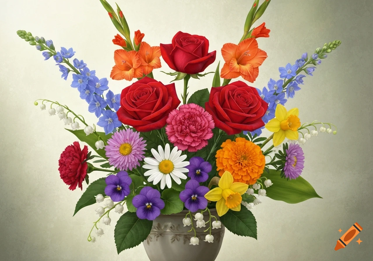 A vibrant bouquet of assorted colorful flowers including red roses, orange gladiolus, blue larkspur, white daisies, purple pansies, pink carnations, yellow daffodils, and white lily of the valley in a gray vase.