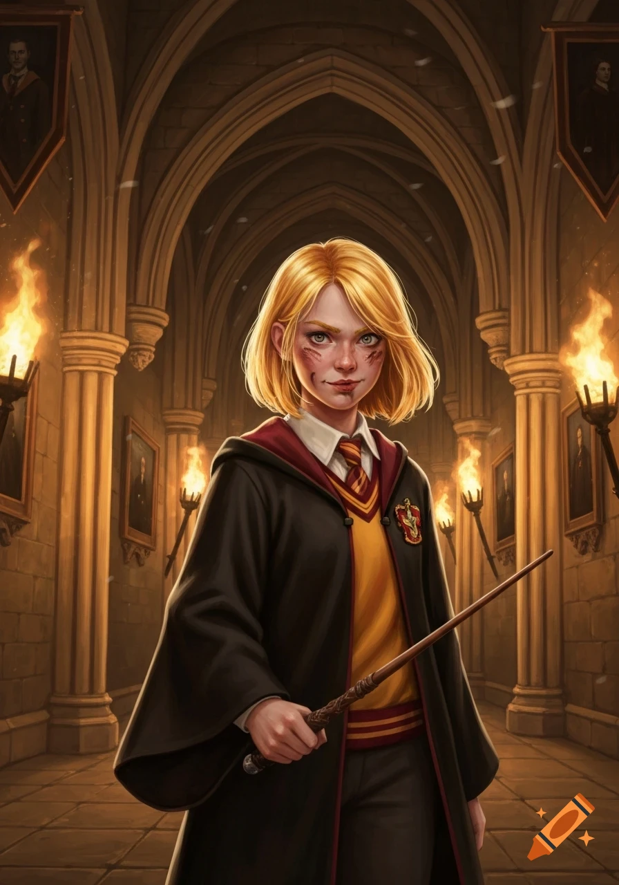 A blonde Gryffindor girl with a wand stands in a Hogwarts-like hallway with torches and arched ceilings.