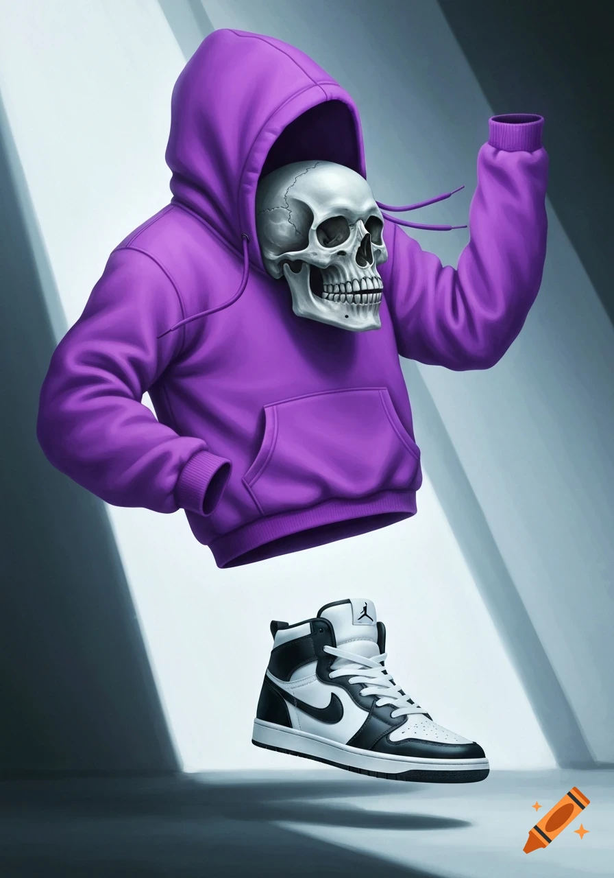 A stylized illustration of a floating skull wearing a purple hoodie and a black and white high-top sneaker.