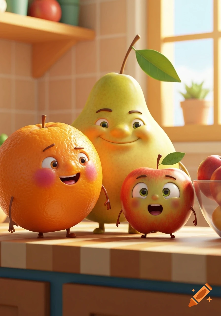 Cartoon orange, pear, and apple with happy faces and tiny limbs standing on a kitchen counter.
