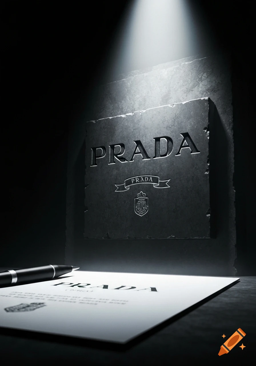 Dramatic, high-contrast image of a spotlight illuminating the word 'PRADA' carved into a dark stone slab. A pen rests on a white document with 'PRADA' printed on it in the foreground.