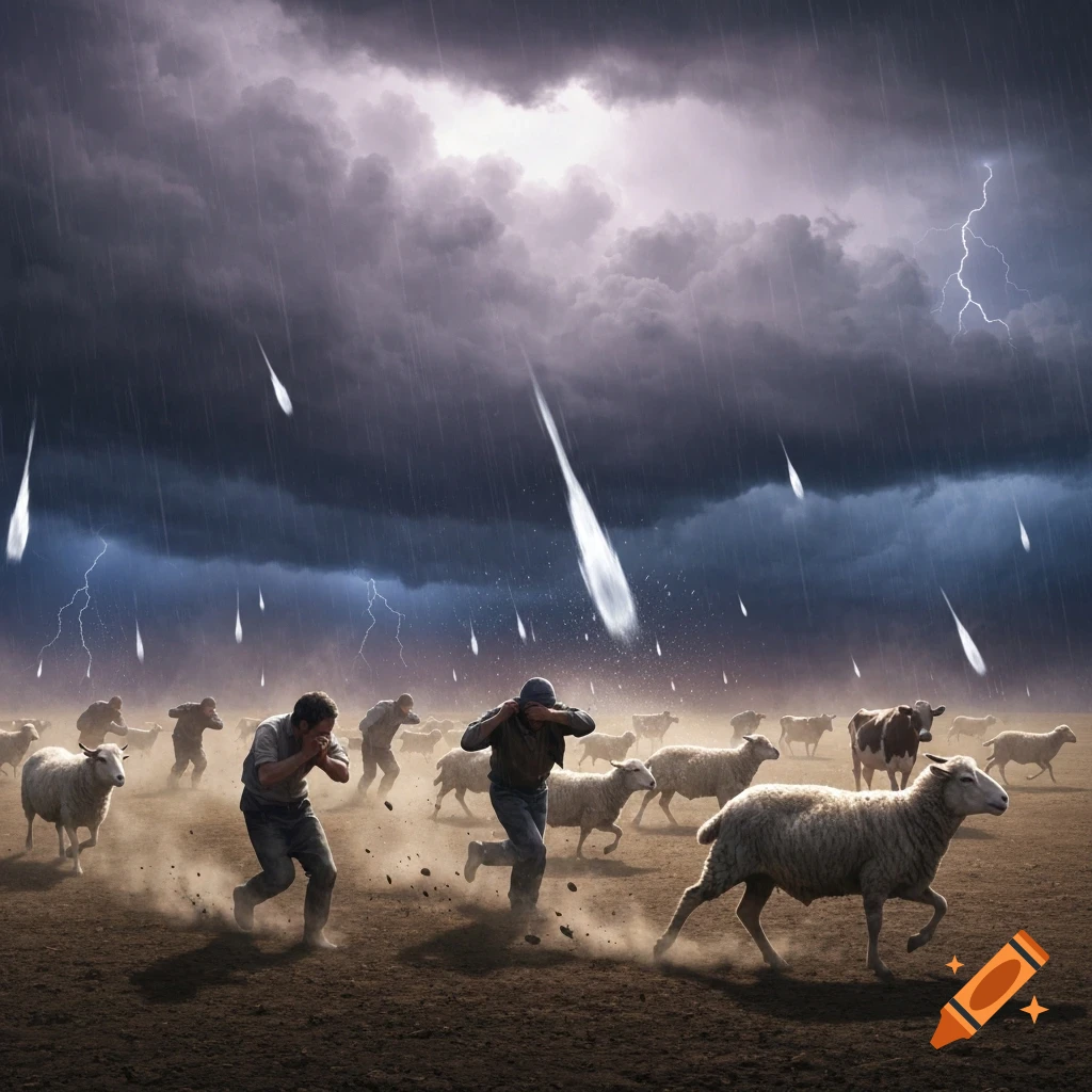 Photorealistic image of people, sheep, and cattle running in a panic across a field under a severe storm with large falling objects and lightning.