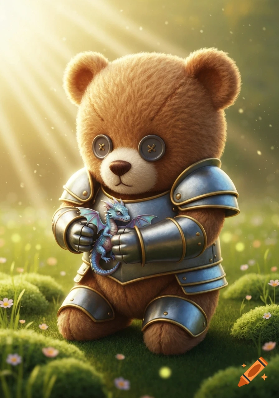 A cute, fluffy teddy bear knight in shining armor kneels in a sunny field, gently holding a small blue and green baby dragon.