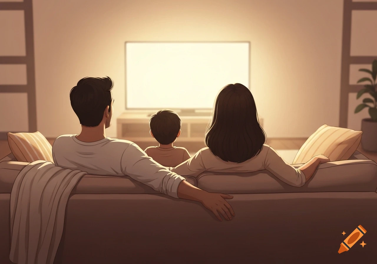 Illustrated family of three, seen from behind, sitting on a couch and watching TV in a cozy living room.