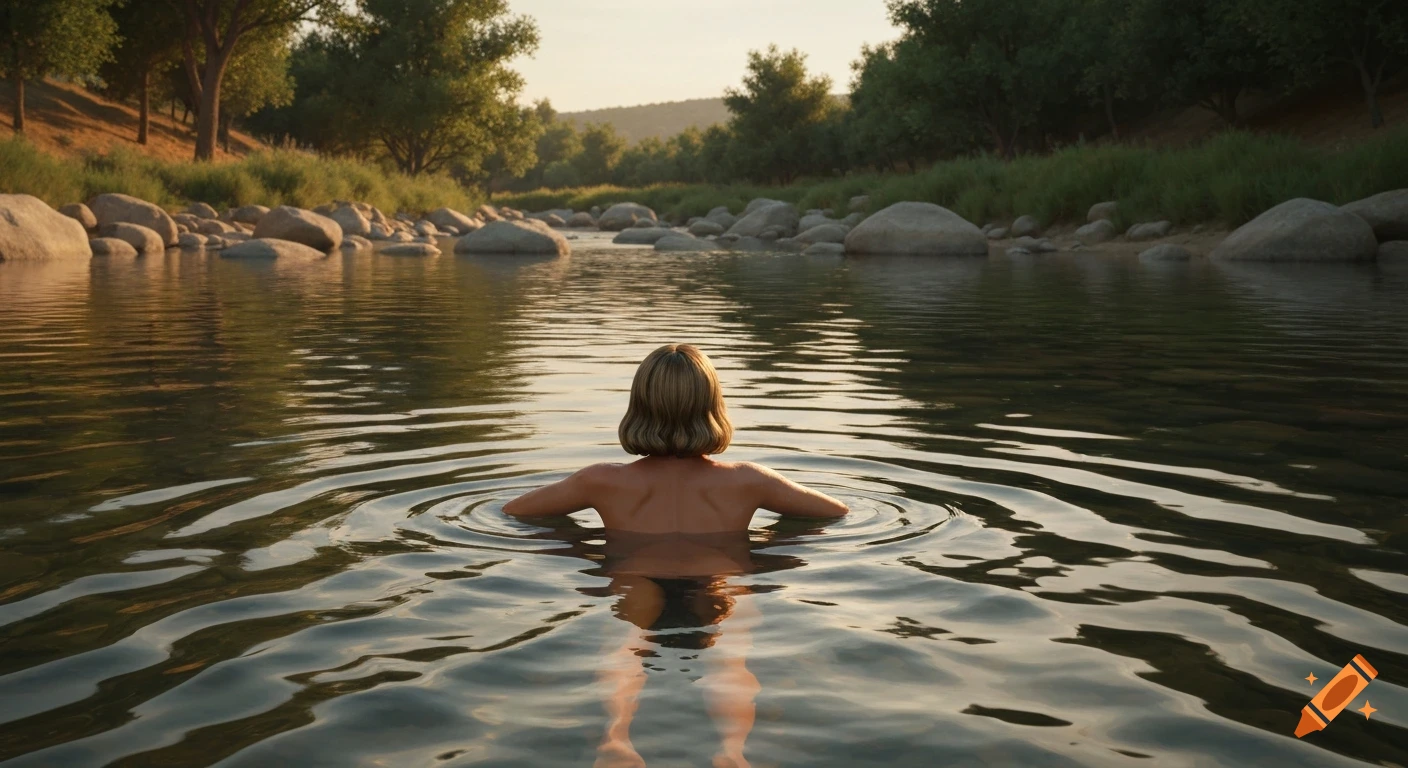 Photorealistic image of a person swimming in a calm summer river at sunset, surrounded by rocks and trees.
