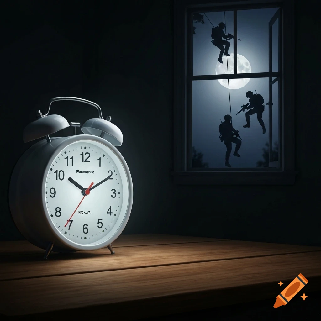 A white alarm clock sits on a wooden table, illuminated in a dark room. Through an open window, silhouettes of three armed special forces rappel down under a full moon.