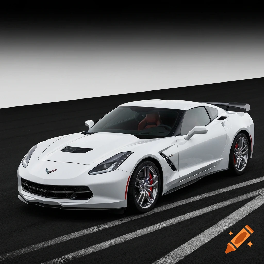 White 2019 C7 Corvette sports car on a black and white track with a gradient dark sky background.
