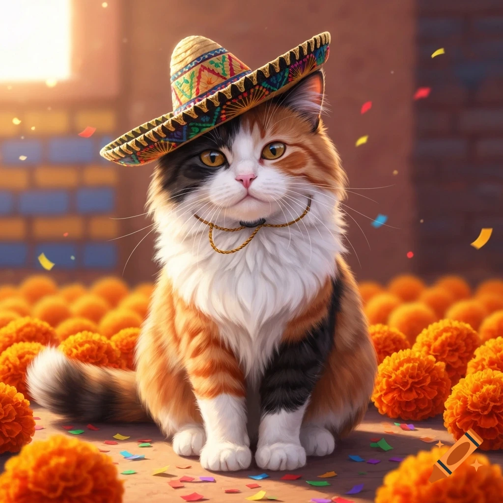 A photorealistic calico cat wearing a colorful sombrero sits among vibrant orange flowers and confetti.