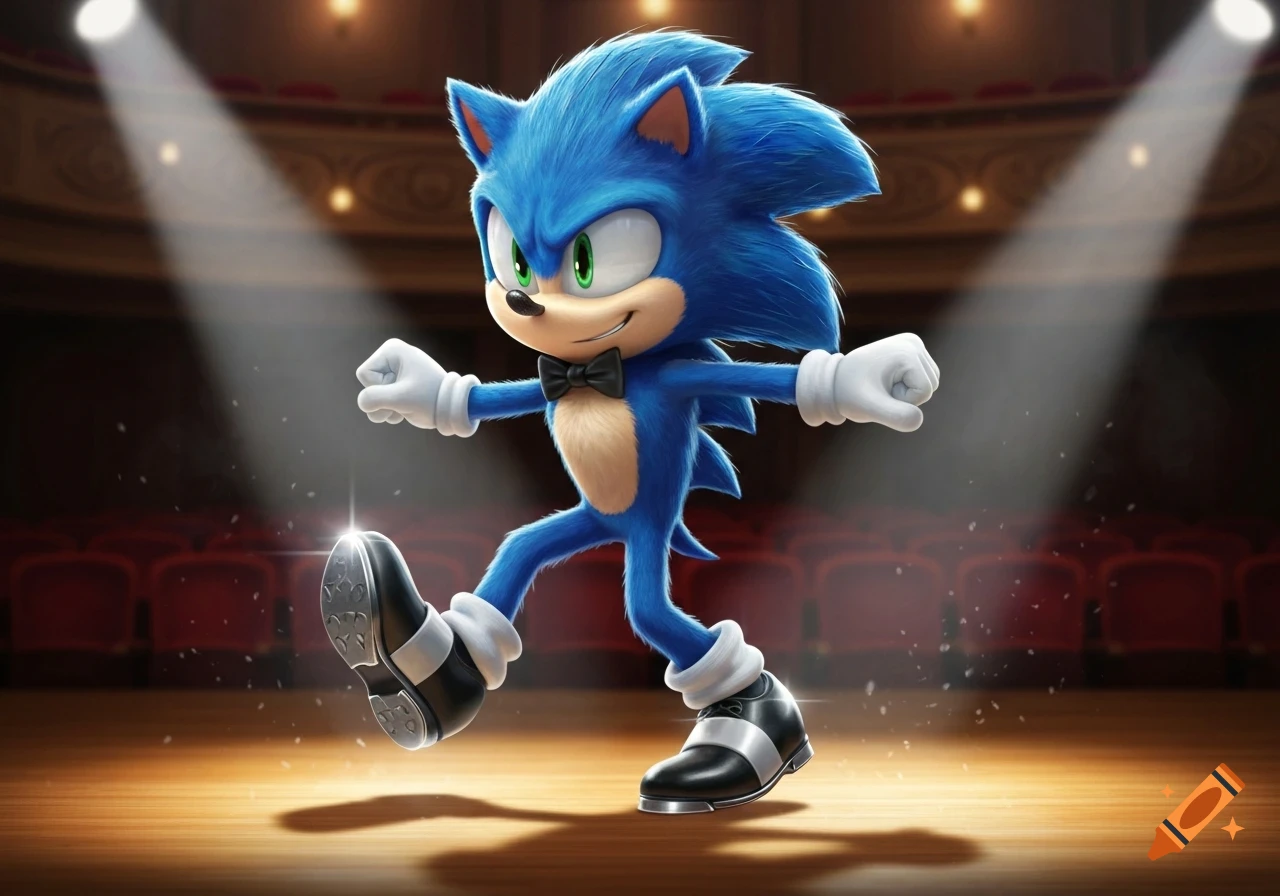 Sonic the Hedgehog tap dancing on a spotlighted stage wearing a black bow tie, white gloves, and black tap shoes.