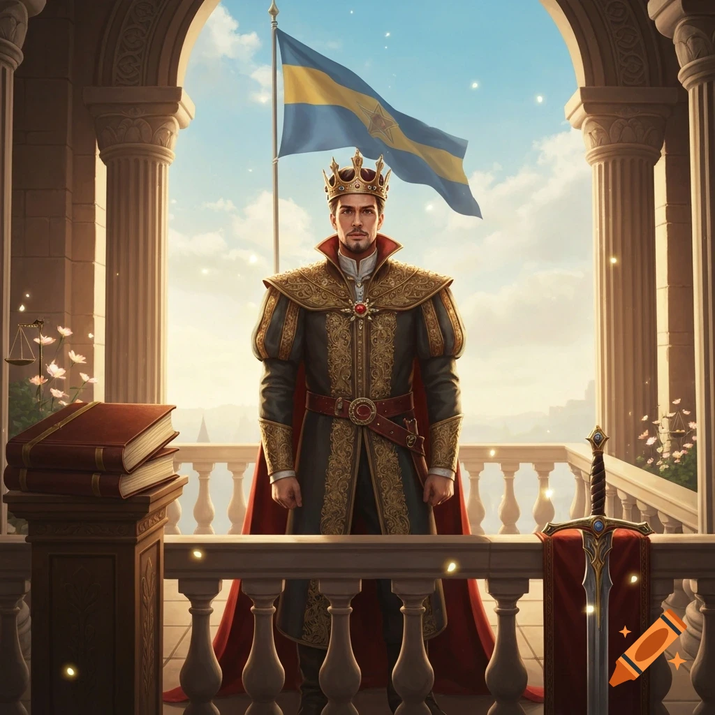 A majestic fantasy portrait of a king in ornate royal attire and crown, standing on a grand castle balcony under a flag, with books and a sword.