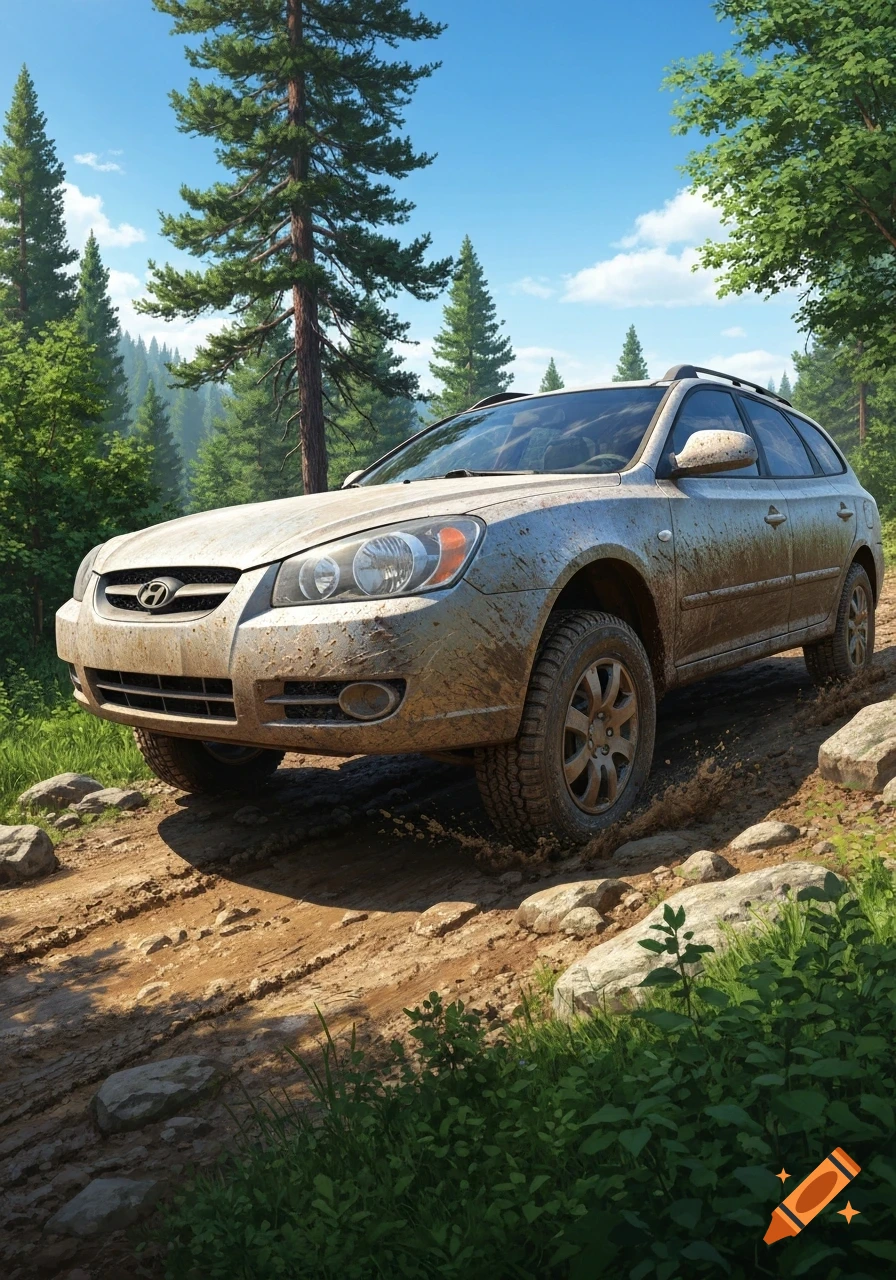 A muddy Hyundai Elantra Touring car drives on a rocky off-road trail in a sunlit pine forest, photorealistic.
