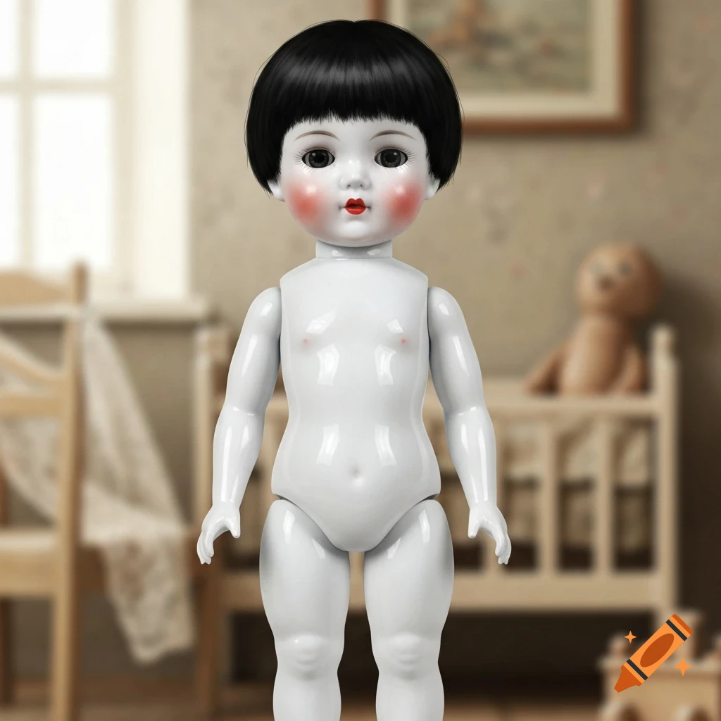 Photorealistic image of a porcelain doll with short black hair, rosy cheeks, and red lips, standing in a blurred room.