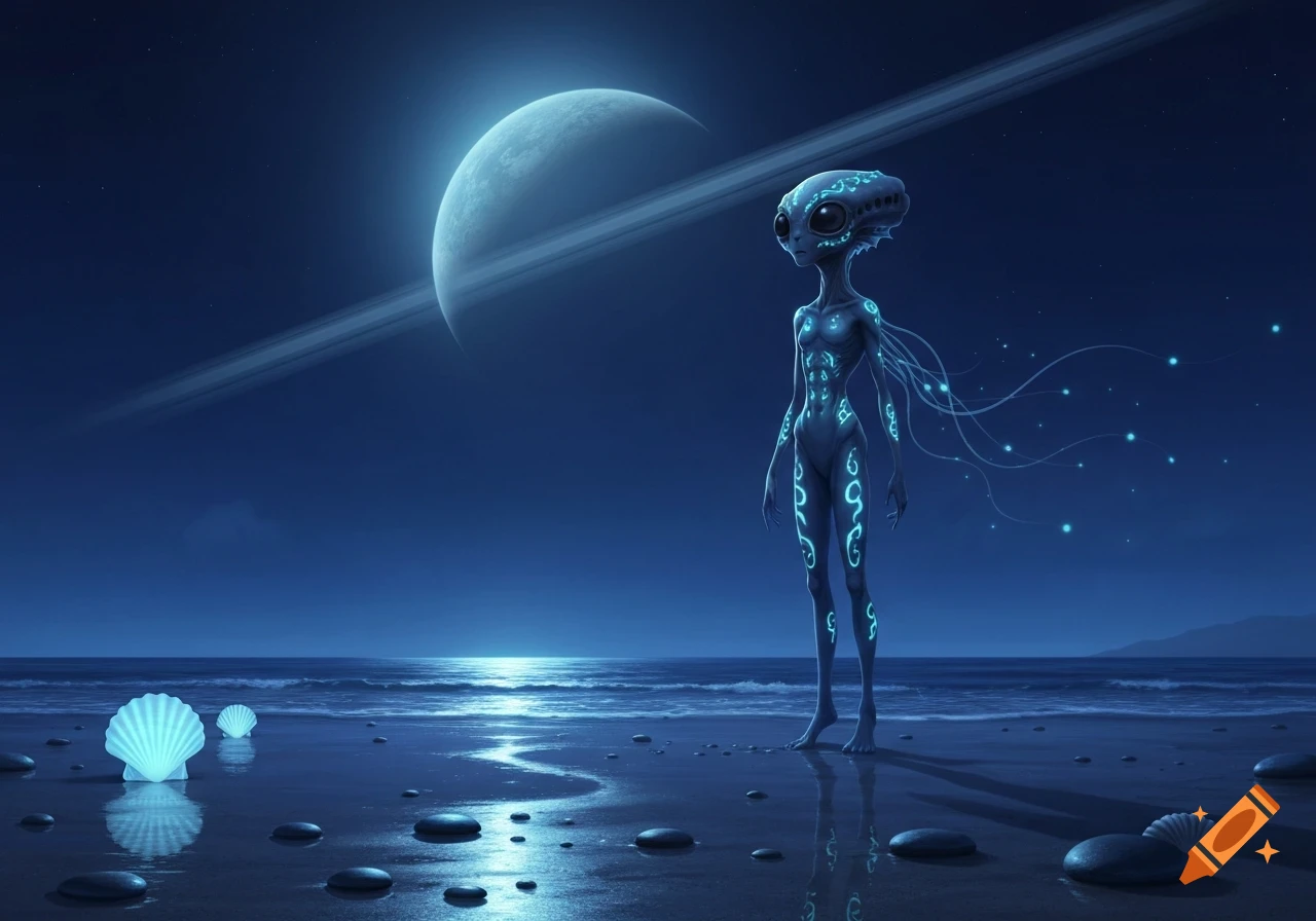 A slender, blue alien with glowing patterns stands on a wet beach under ...