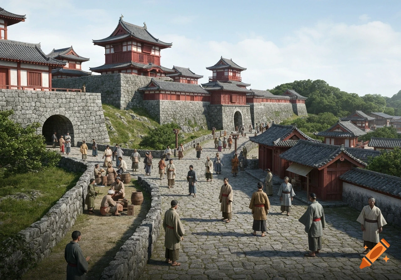 Photorealistic scene of daily life in Shuri, Ryukyu Kingdom, with a large red-roofed castle overlooking stone-paved roads and people.