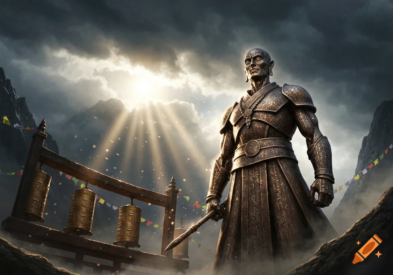 A formidable bronze-armored monk stands against a sunlit, cloudy mountain backdrop with prayer wheels and prayer flags.