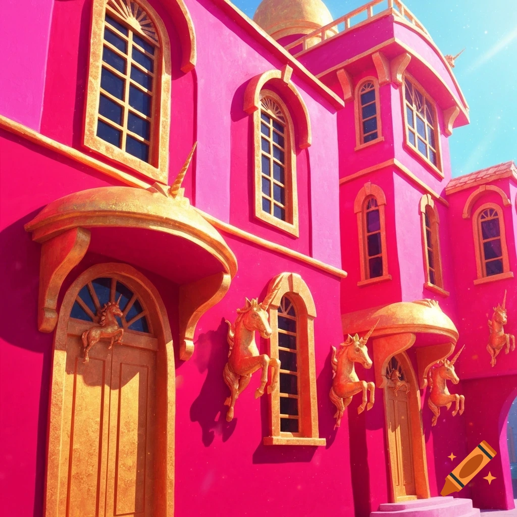 A vibrant pink building with golden unicorn statues and elaborate golden trim around windows and doors, under a blue sky.