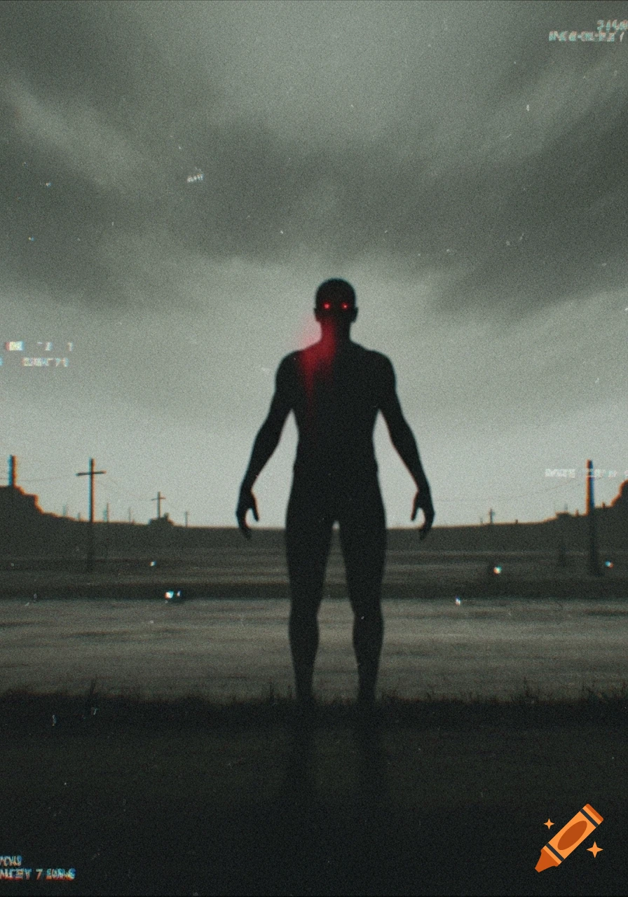 A silhouetted figure with glowing red eyes stands in a grainy, dark, desolate landscape with power lines under a stormy sky, in an analog horror style.