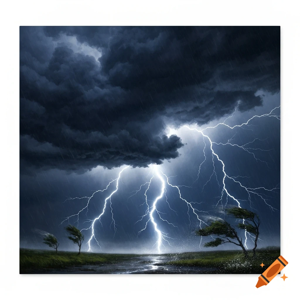 Dramatic storm with multiple lightning strikes, dark clouds, heavy rain, and windswept trees over a photorealistic landscape.