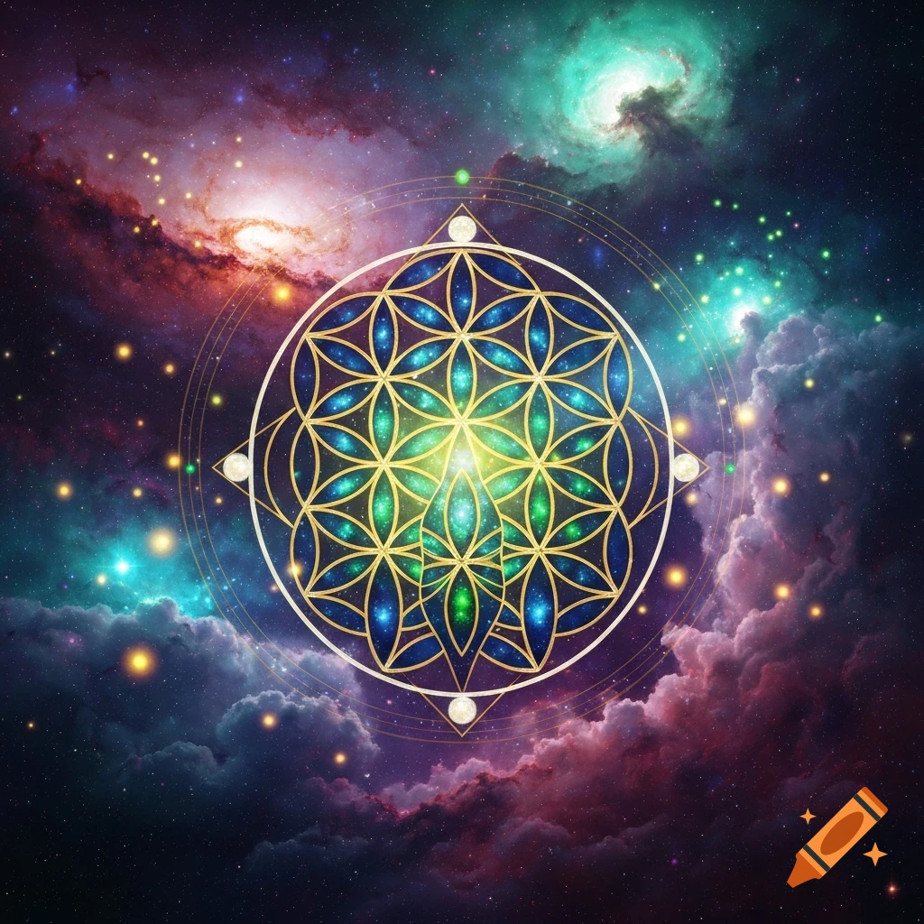 A vibrant golden Seed of Life sacred geometry pattern with blue and green glowing petals, set against a colorful cosmic galaxy background with nebulae and glowing stars.