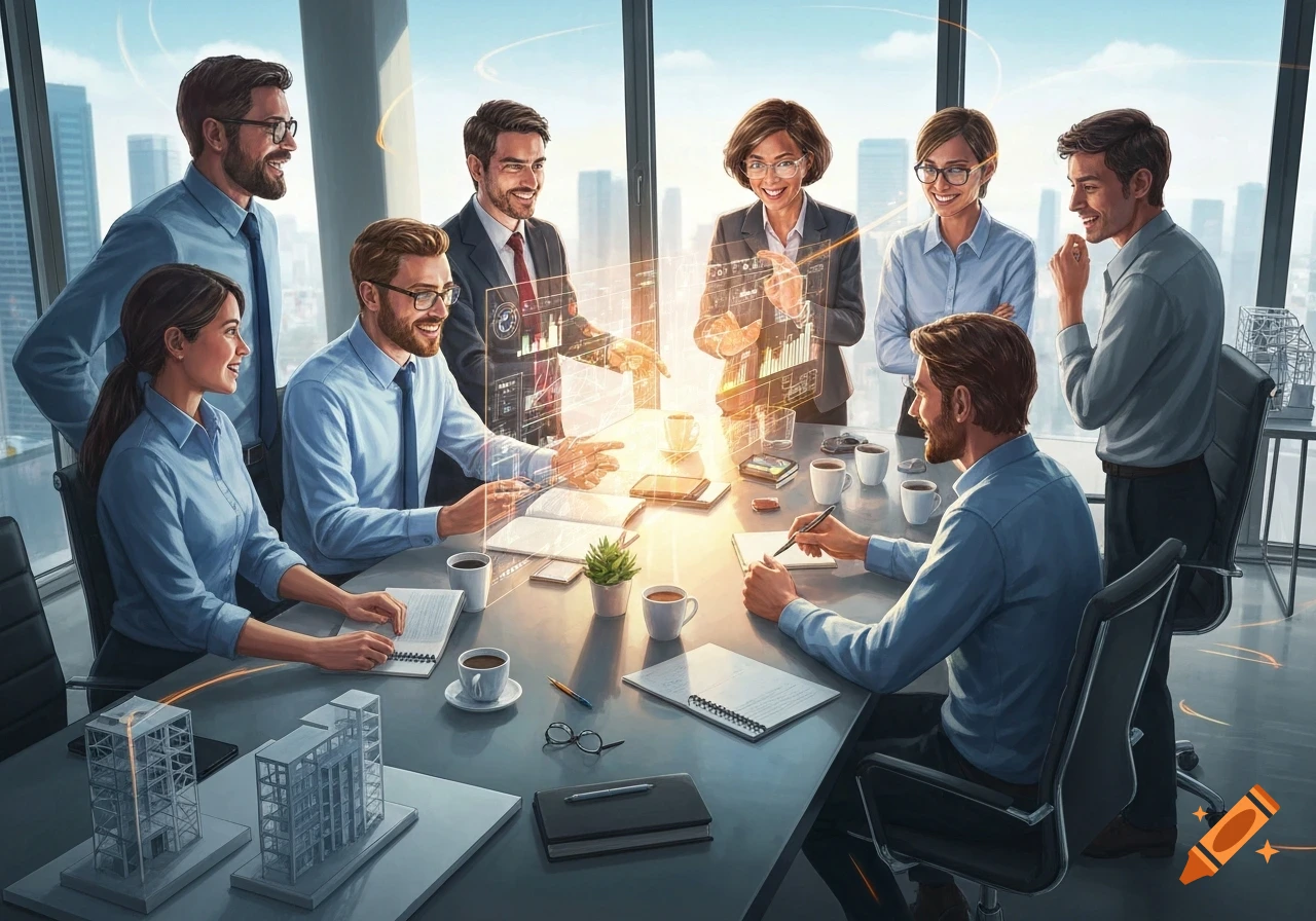 A diverse team of professionals in a modern office meeting, interacting with holographic displays and architectural models.
