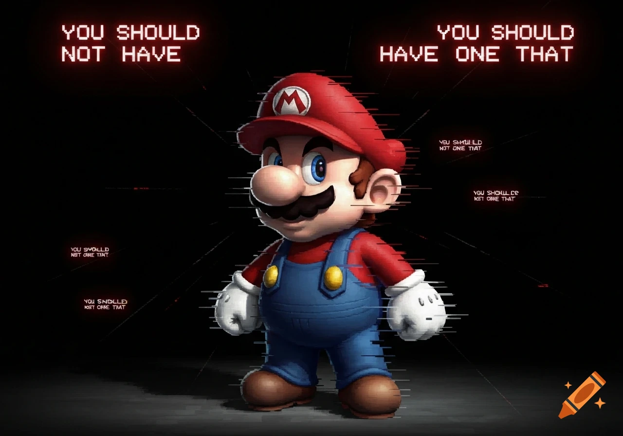 A glitched image of Mario with pixelated, red text that reads "YOU SHOULD NOT HAVE" and "YOU SHOULD HAVE ONE THAT" and smaller garbled text, against a dark background.