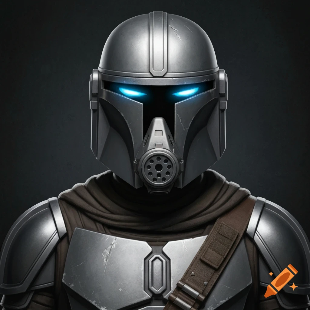 Close-up of a Mandalorian-style warrior in silver armor with glowing blue eyes and a respirator, against a dark background.