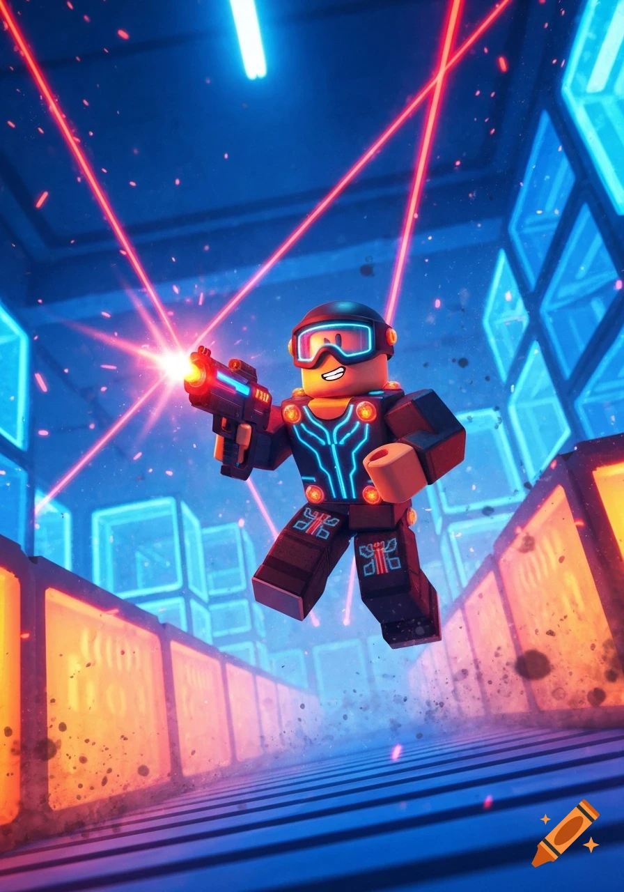 Roblox-style character in a neon laser tag arena, firing a laser gun with red beams and glowing suit details.