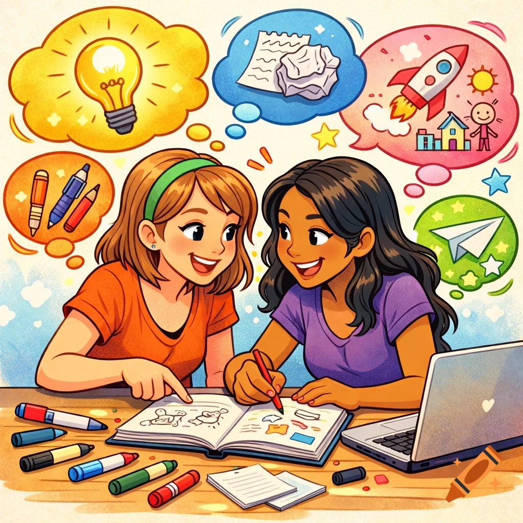 Two smiling friends collaborate on creative ideas at a table with markers, a sketchbook, and a laptop. Thought bubbles with symbols like a lightbulb, crumpled paper, rocket, and paper plane float around them in a friendly, colorful cartoon style.