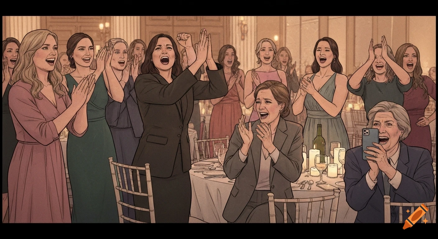 A group of women in graphic novel style, some standing and clapping, others seated and cheering at a celebratory event.