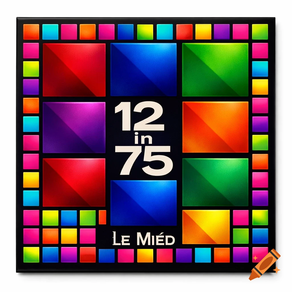 Colorful album cover with 12 large textured squares and a border of small squares, featuring the text '12 in 75' and 'LE MIÉD'.