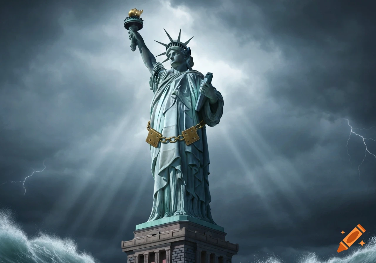 Photorealistic image of the Statue of Liberty chained at the waist, set against a dark, stormy sky with lightning and crashing waves.