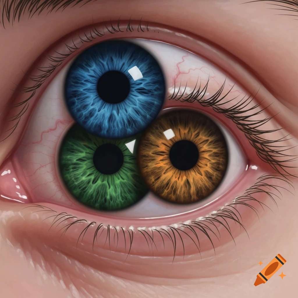 Close-up of a human eye with three twisted pupils and irises: blue at the top, green at the bottom left, and amber at the bottom right.