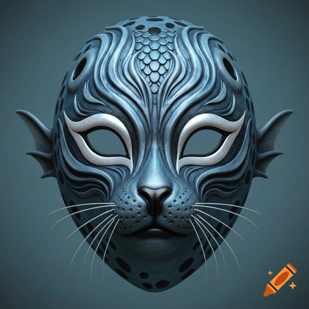 A detailed, blue-grey mask stylized as a leopard seal's face with intricate patterns, pointed ears, whiskers, and white eye openings.