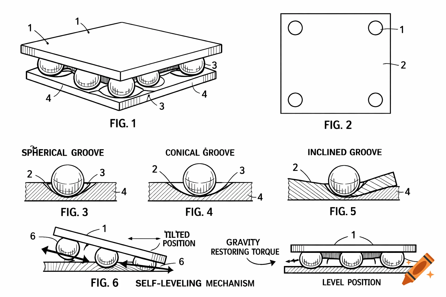 A technical drawing with six figures illustrating a self-leveling support platform with spherical rolling elements in grooved tracks.