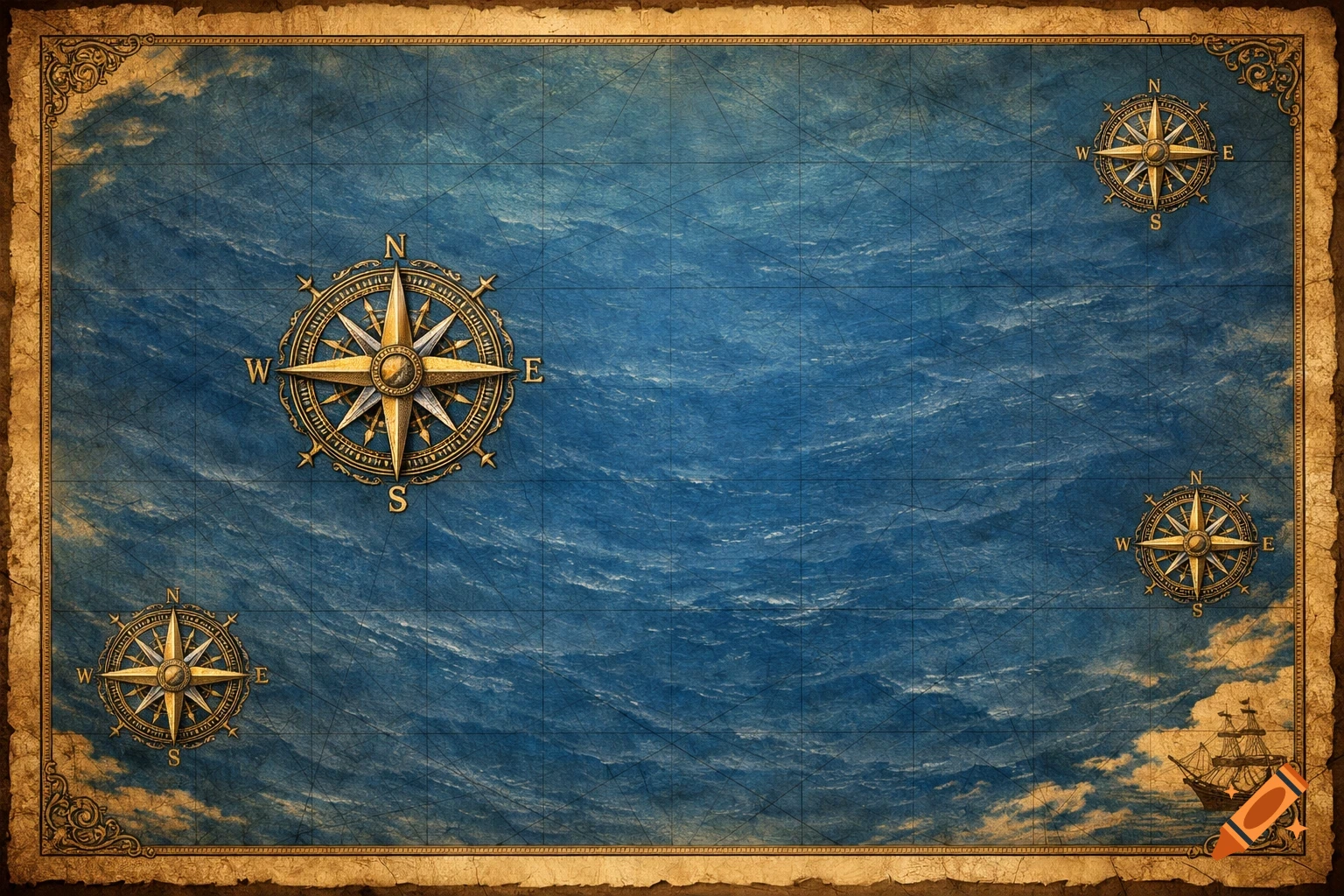 A vintage-style blue ocean map on aged paper, featuring decorative compass roses and a small sailing ship.