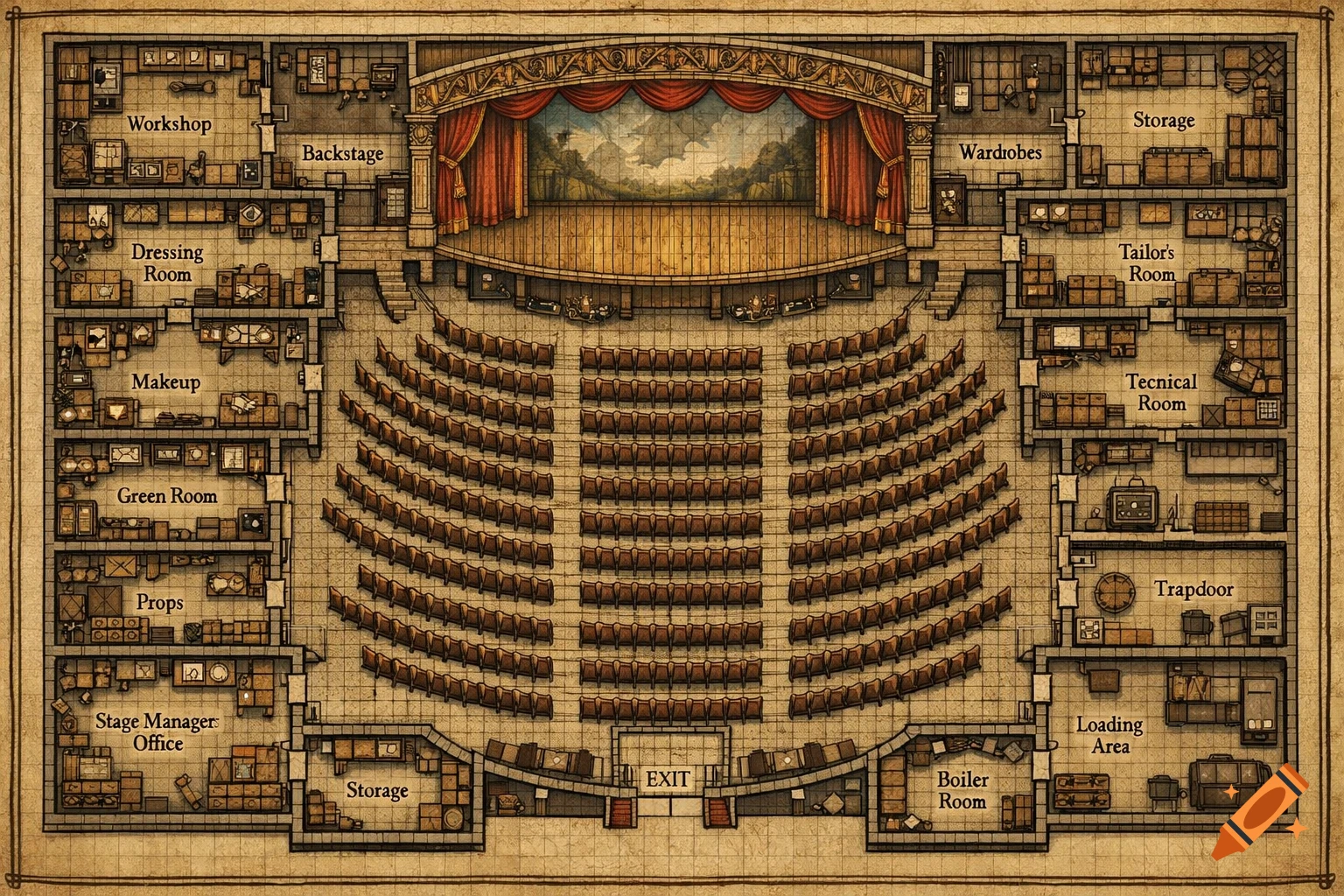 A detailed top-down TTRPG map of a theater showing audience seating, a stage with a scenic backdrop, and various backstage rooms like dressing rooms, workshops, and storage.